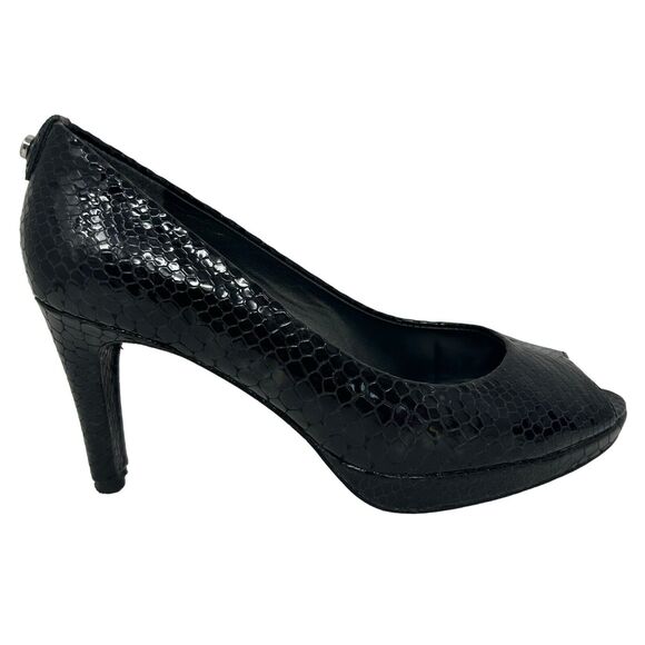 Stuart Weitzman Shoes - Stuart Weitzman Pumps 7 Peep Toe Black Snake Embossed Patent Leather 3" Heels